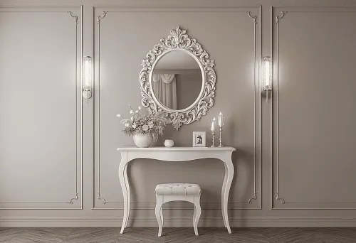 Классическая мебель с овальным зеркалом и изящным туалетным столиком в интерьере.