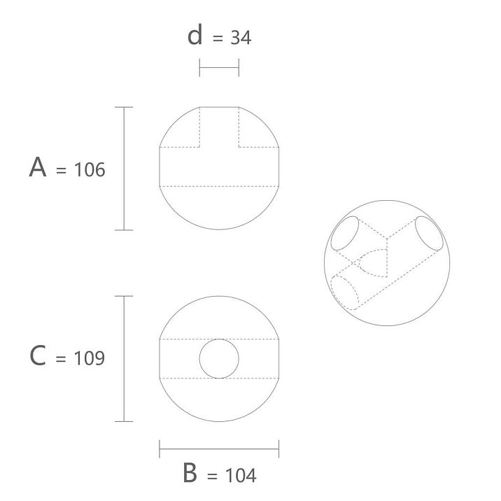 Чертеж геометрической фигуры KN-016 с указанием основных размеров A, B, C и диаметра d