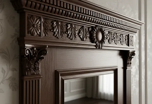 Резной деревянный наличник с классическим орнаментом в интерьере