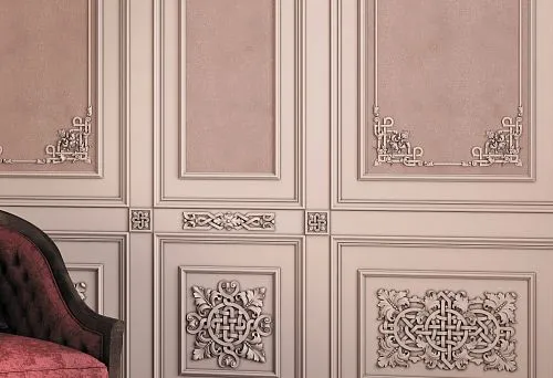 Интерьер в русском стиле с резными декоративными панелями и орнаментом на стенах.