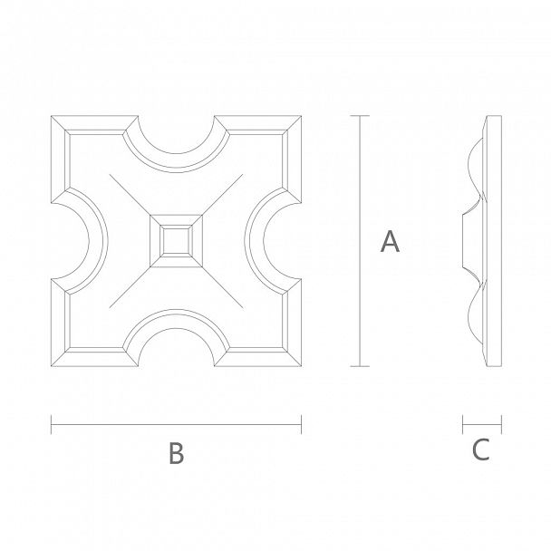 Универсальная резная розетка R-065 — готический элемент в виде четырехлистника  Применяется в фасадах, филенках, дверях, стеновых панелях, кроватях, тумбах, гардеробных, шкафах, арках, столбах