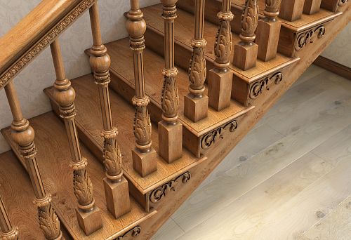 Декоративные балясины из дерева с правильным расчетом промежутков на лестничном марше