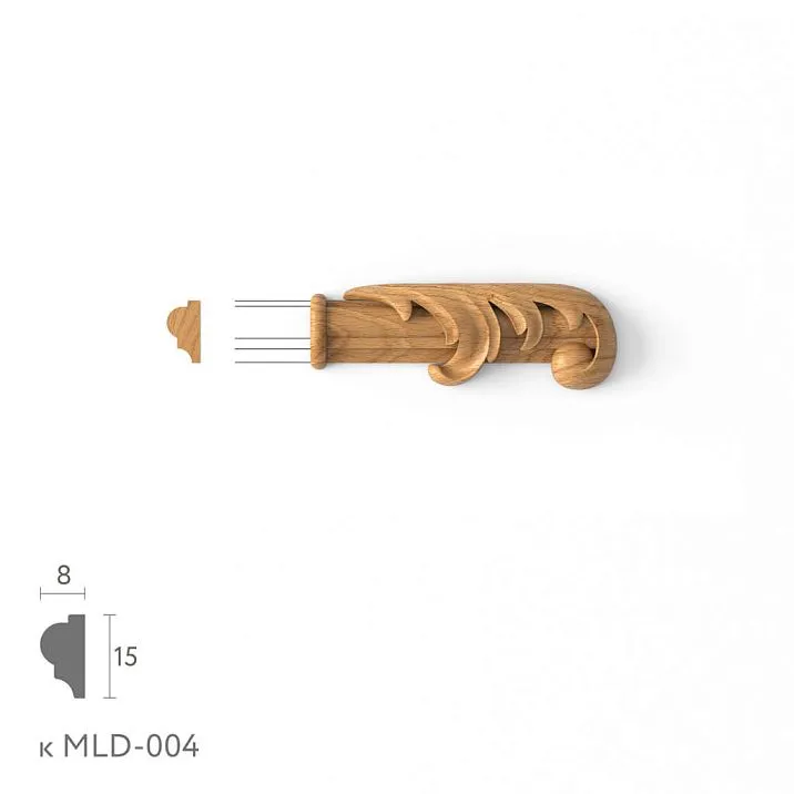 Резной наконечник N-437.1R к молдингу MLD-004 из бука или дуба, 74 × 26 × 12 мм