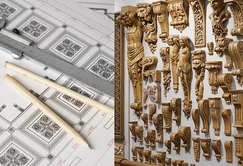 Коллекция резных деревянных кронштейнов и декоративных элементов для интерьера.