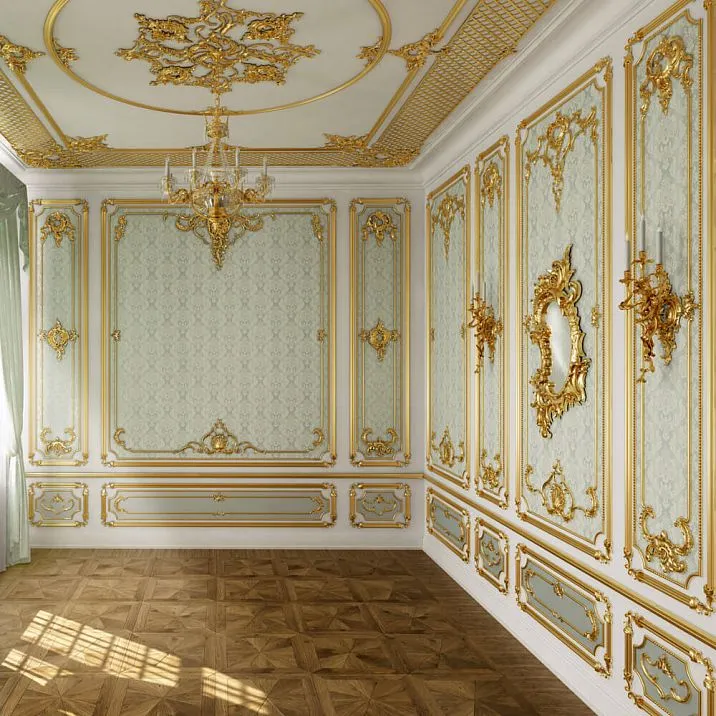 Резной наконечник на молдинг N-364.1R в классическом интерьере с молдингами, стеновыми панелями и резным декором