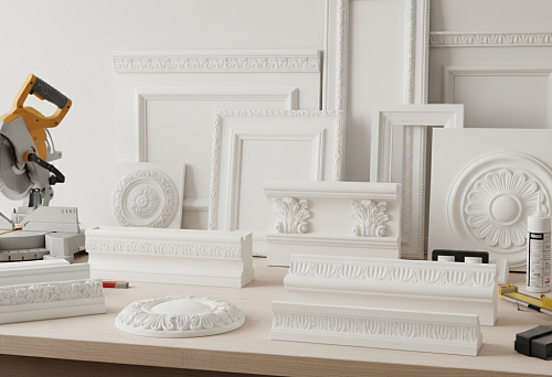 Белая лепнина из полиуретана — молдинги, карнизы, розетки и декоративные панели на рабочем столе в мастерской STAVROS