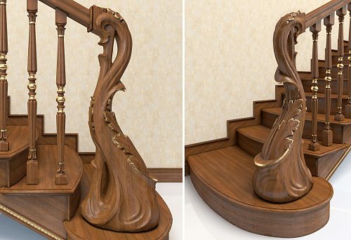 Деревянные перила и балясины с декоративными золотыми элементами.