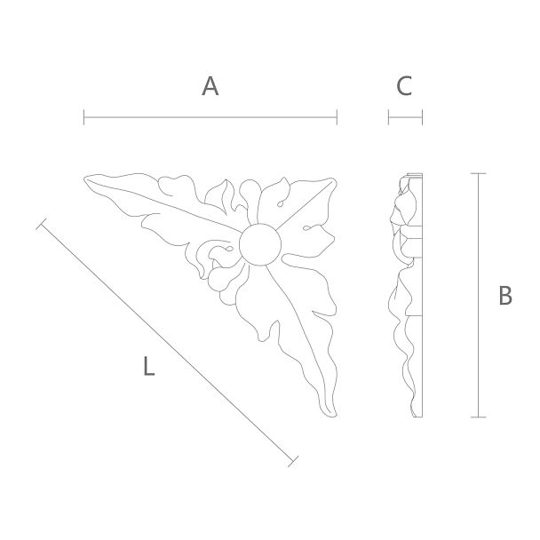 Угловая деревянная накладка с резным узором листьев, цветов и завитков N-226R чертеж