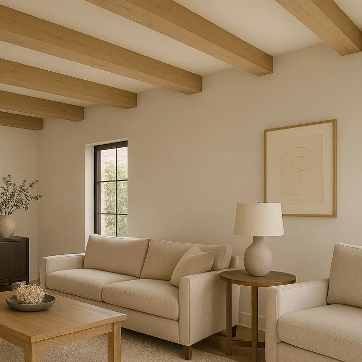 Декоративные деревянные балки BL-001 в интерьере на потолке