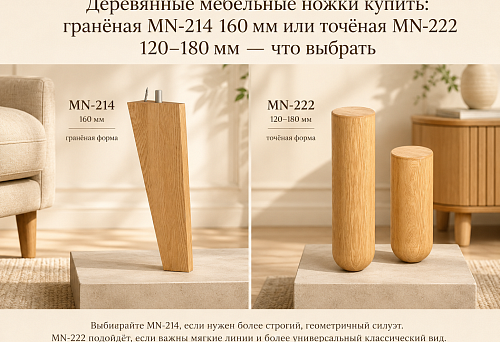 Деревянные мебельные ножки купить: гранёная MN-214 160 мм или точёная MN-222 120–180 мм — что выбрать