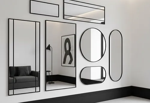 Черная графика: темный плинтус и зеркала в черных рамах