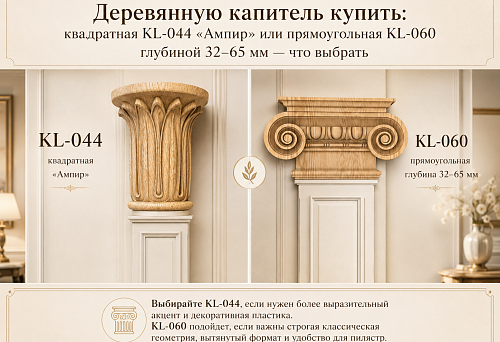 Деревянную капитель купить: квадратная KL-044 «Ампир» или прямоугольная KL-060 глубиной 32–65 мм — что выбрать