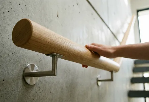 Круглый деревянный поручень диаметром 50 мм, закреплённый на металлических держателях