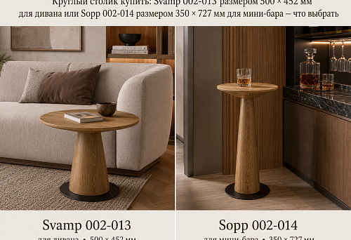 Круглый столик купить: Svamp 002-013 размером 500 × 452 мм для дивана или Sopp 002-014 размером 350 × 727 мм для мини-бара — что выбрать