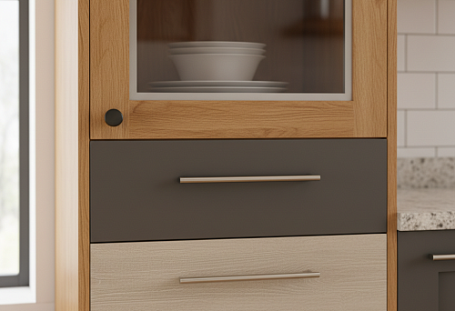 современный кухонный шкаф с комбинированными фасадами из дерева, МДФ и стекла, с металлическими ручками и встроенной посудой