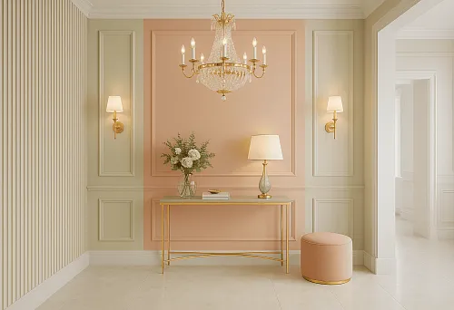 Стеновые рейки МДФ в светлом интерьере с классическими панелями
