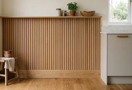 Реечные панели для кухни и плинтус деревянный напольный: как объединить практичность, тепло материала и аккуратную геометрию