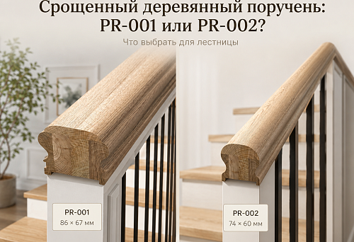 Срощенный деревянный поручень купить: массивный PR-001 86 × 67 мм или компактный PR-002 74 × 60 мм — что выбрать для лестницы