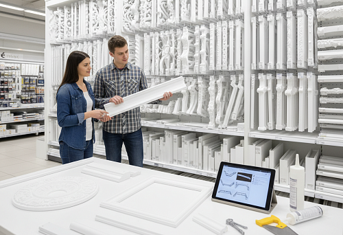 Пара выбирает декоративные элементы из полистирола — карнизы, плинтусы и молдинги в магазине для отделки интерьера