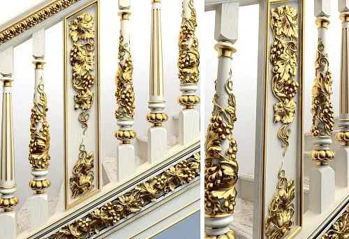 Большие белые балясины с позолоченным виноградным орнаментом на лестнице — общий вид