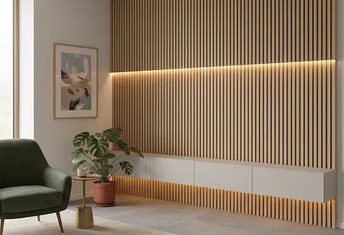 Рейка декоративная деревянная на стене с подсветкой в современном интерьере