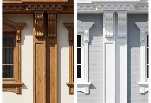 Сравнение фасадного декора из дерева и полиуретана на классических домах.