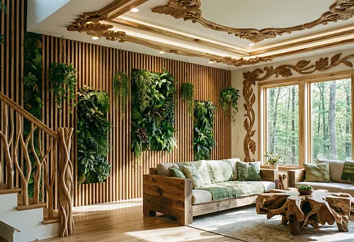 Биофильный интерьер 2026 года с деревянными реечными панелями, живыми зелёными стенами, резным деревом на потолке и окнах