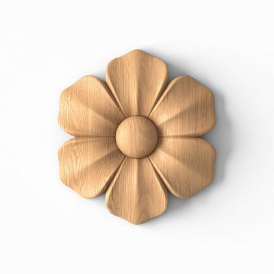 Резная розетка R-036 — универсальный элемент в форме цветка, выполненный в классическом стиле  Благодаря простому и лаконичному дизайну декор можно использовать практически в любом проекте интерьера и мебели