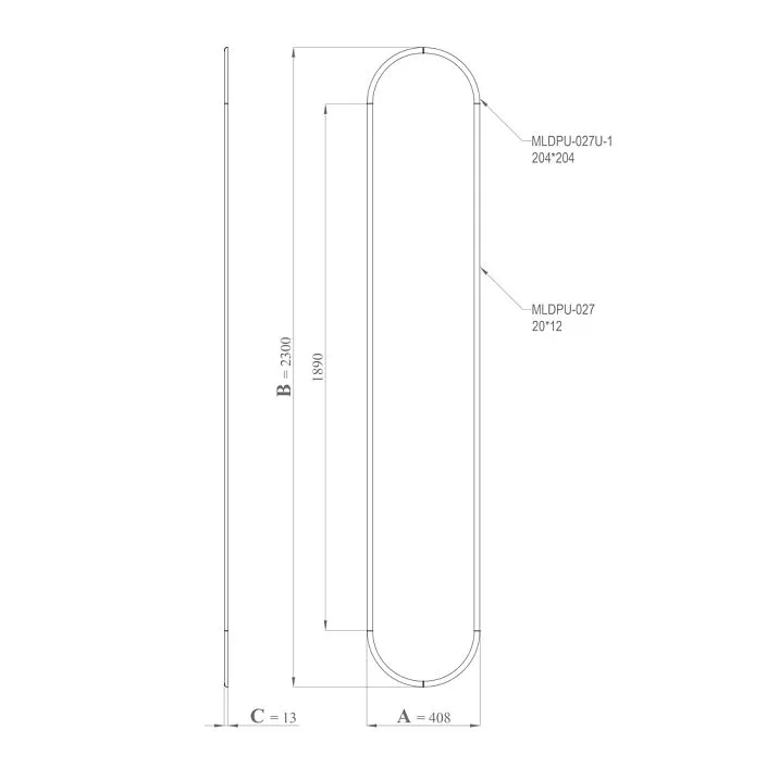 Чертёж комплекта лепного декора CPU-3-2: высота 2300 мм, ширина 408 мм, толщина 13 мм, профиль ML DPU-027 и арочный элемент