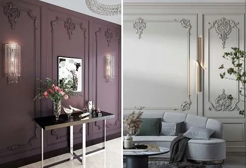 Лепной декор на стене, придающий интерьеру изысканность и классический шарм.