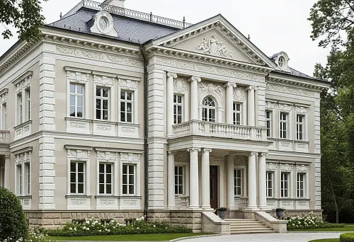 Классический фасад дома с фасадной лепниной, колоннами и карнизами