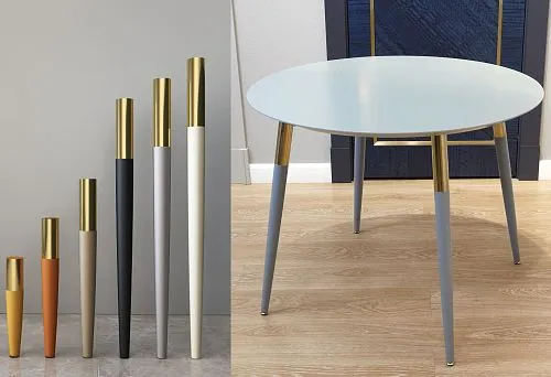 Стильный круглый стол с окрашенными ножками в серо-золотых тонах.