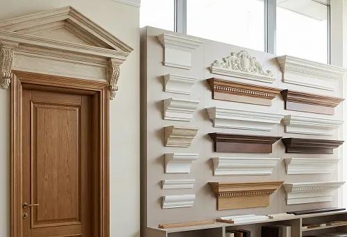 Дверной проём с классическим сандриком над дверью и обрамлением наличниками в светлом интерьере