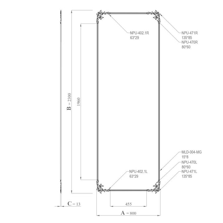 Схема комплекта лепного декора CPU-6-2 с размерами 800 на 2300 мм