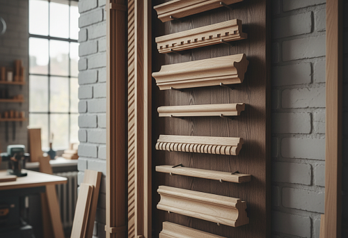 Деревянный погонаж различных профилей на стенде в мастерской Санкт-Петербурга