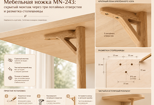 Мебельная ножка MN-243: скрытый монтаж через три потайных отверстия и разметка столешницы