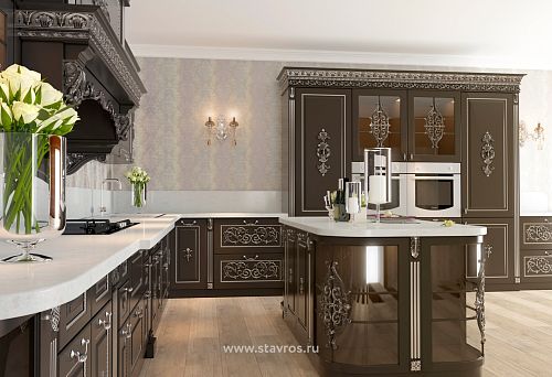 Роскошная классическая кухня с декоративной резьбой и мраморной столешницей в меблировке под ключ