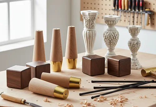 Разные виды мебельных ножек — конусные с латунным низом, фигурные резные и кубические деревянные — разложены на столярном верстаке с инструментами и стружкой.