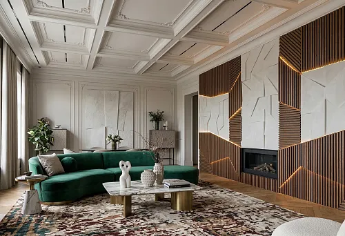 Реечные панели в гостиной и лепной декор в интерьере: как собрать главную комнату дома без банальных решений