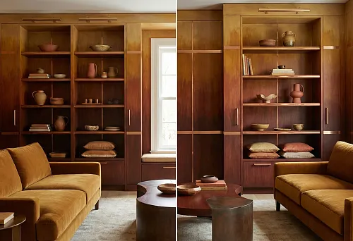 интерьер с деревянными стеллажами в оттенках warm mahogany и охры, с градиентным окрашиванием и металлическими акцентами