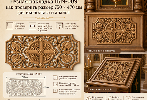 Резная накладка IKN-009: как проверить размер 750 × 470 мм для иконостаса и аналоя