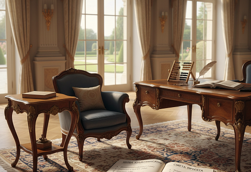 Классический кабинет с резной мебелью, письменным столом и креслом, на полу раскрытая смета проекта — визуальная иллюстрация факторов формирования цены классической мебели.