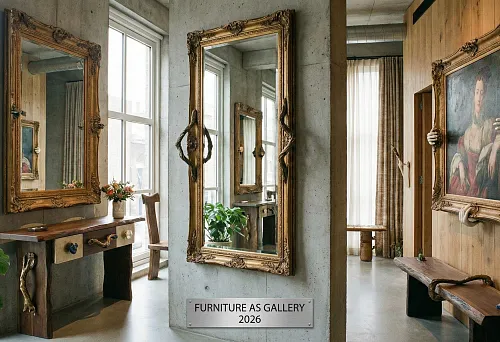 большое зеркальное полотно в массивной раме с дизайнерскими скульптурными ручками