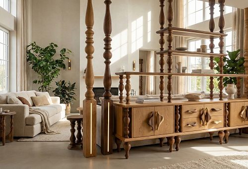 интерьер с высокой модульной перегородкой из точёных балясин и деревянной мебелью с декоративными ручками