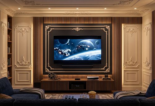 Лепной декор и деревянные рейки для домашнего кинотеатра: как оформить медиазону в едином стиле