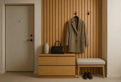 Прихожая с декоративными рейками МДФ дуб за вешалкой и шкафом
