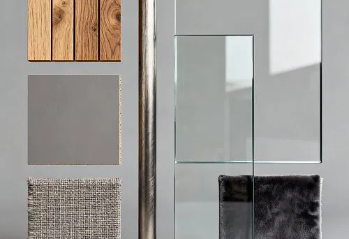 Набор материалов для мебели: дерево, металл, стекло, ткань и кожа.