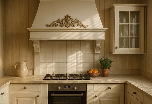 Современная кухня-столовая с круглым столом, мягкими креслами и молдингами на стенах в солнечном свете