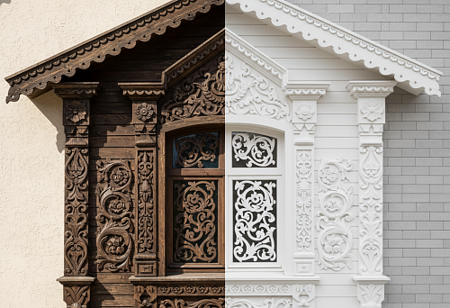 Русская домовая резьба и белая лепнина из полиуретана на архитектурных деталях.