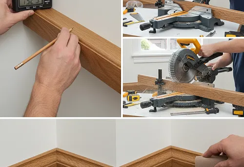 Пошаговый процесс запила и установки деревянного плинтуса на сложных углах стены
